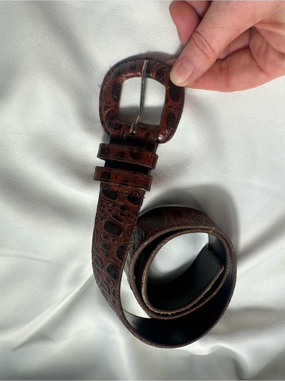 A10. Womens Vintage Krizia Brown Croc-Embossed Leather Belt with Silver Buckle